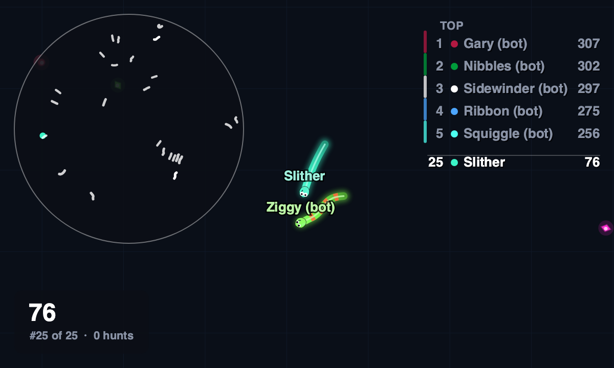 A Cobra Royale match: the minimap sits top left, the standings top right, and your length bottom left.
