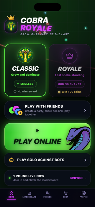 The Cobra Royale lobby, offering Classic, Royale, playing with friends and playing online.